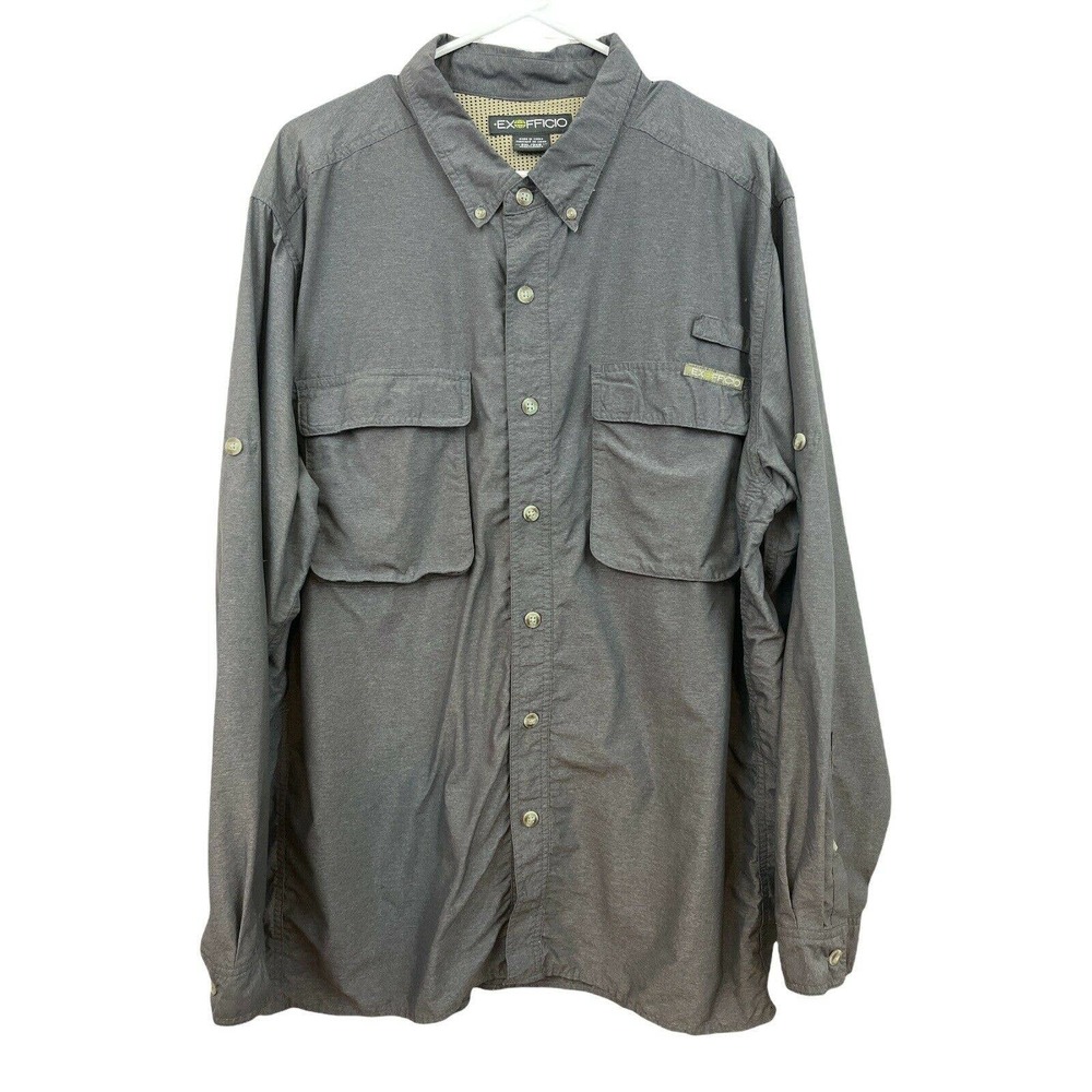 ExOfficio 2XL Mens Gray Nylon Long Sleeve Vented Casual Button Up Shirt Fishing